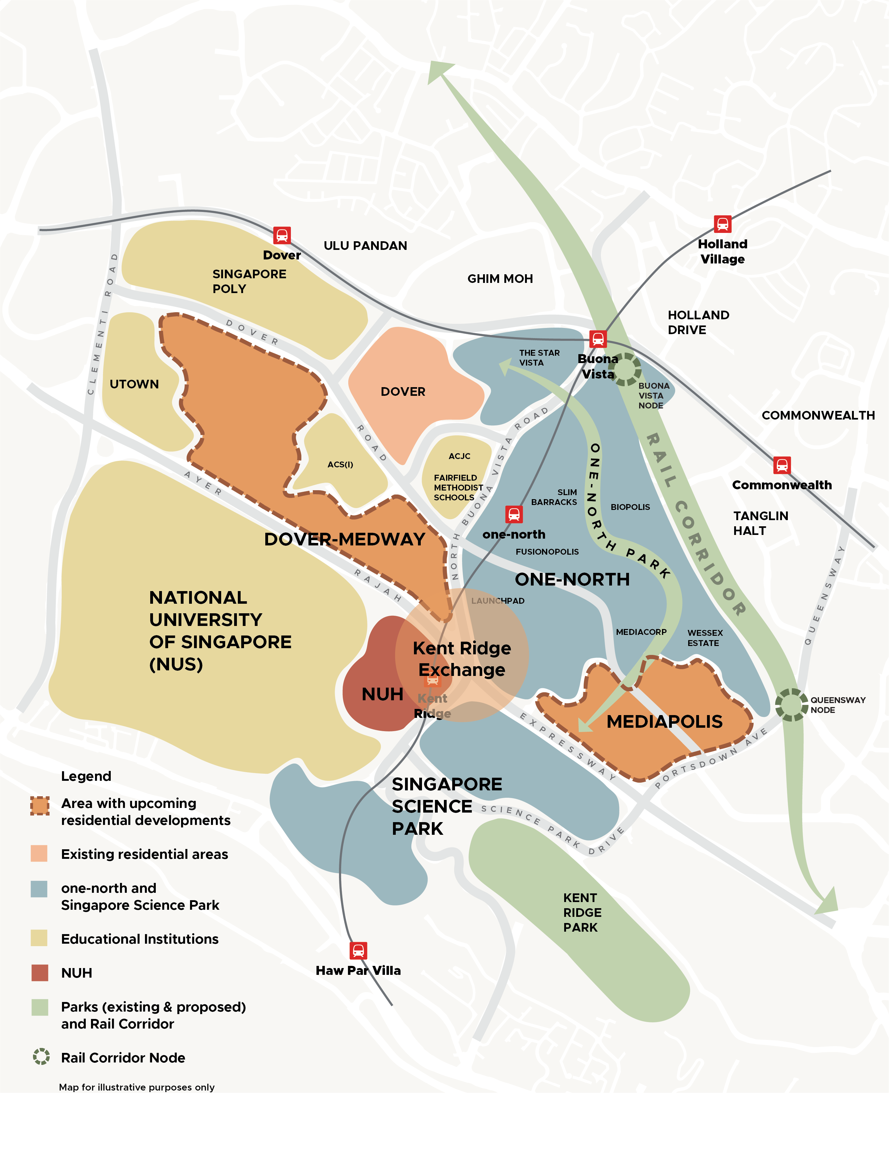 Map of Singapore area highlighting residential areas, educational institutions, science parks, and the Rail Corridor.